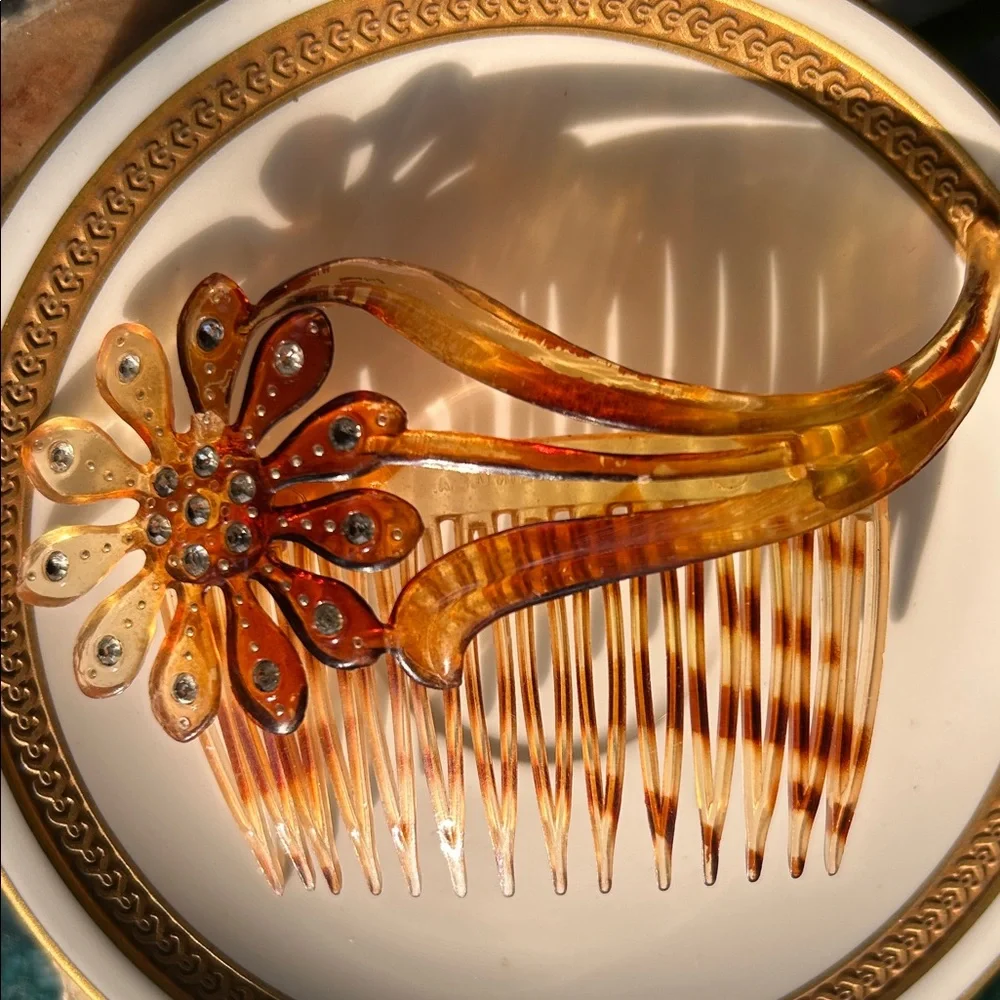 Vintage Tortoiseshell Celluloid Hair Comb w Flower & Rhinestones